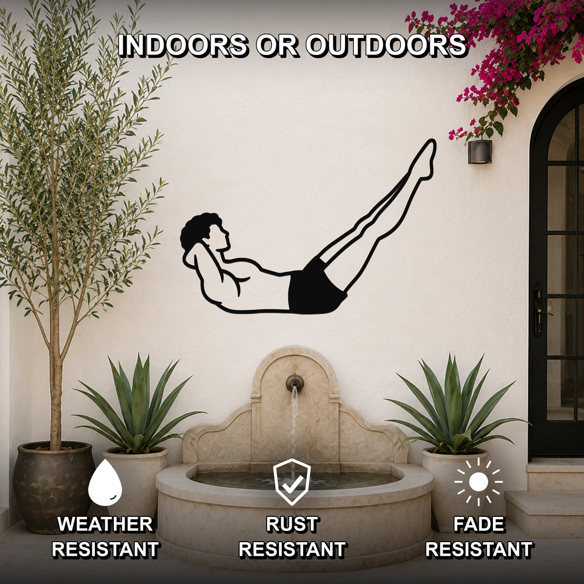 Male Classical Pilates Double Straight Leg waterproof steel metal wall art, mockup 2