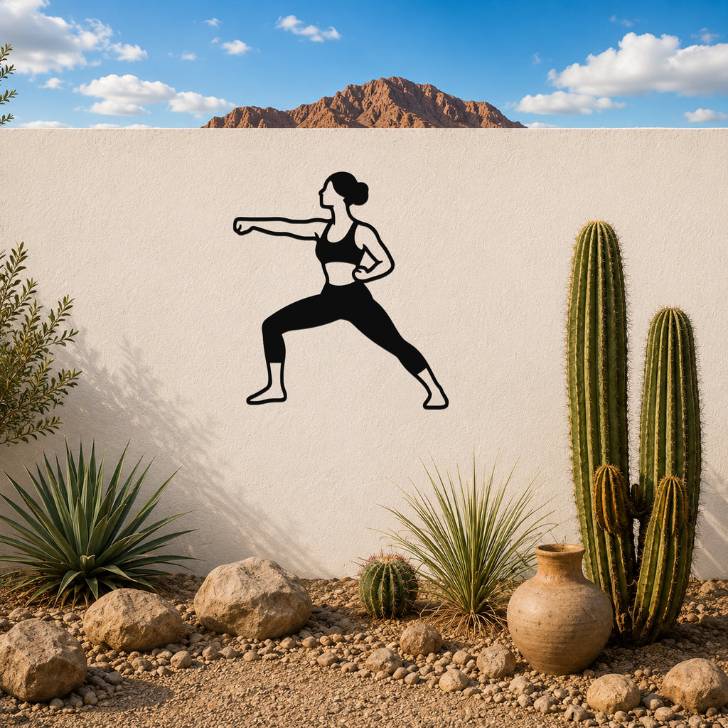 Female Karate Horse Stance Punch waterproof steel metal wall art, mockup 3