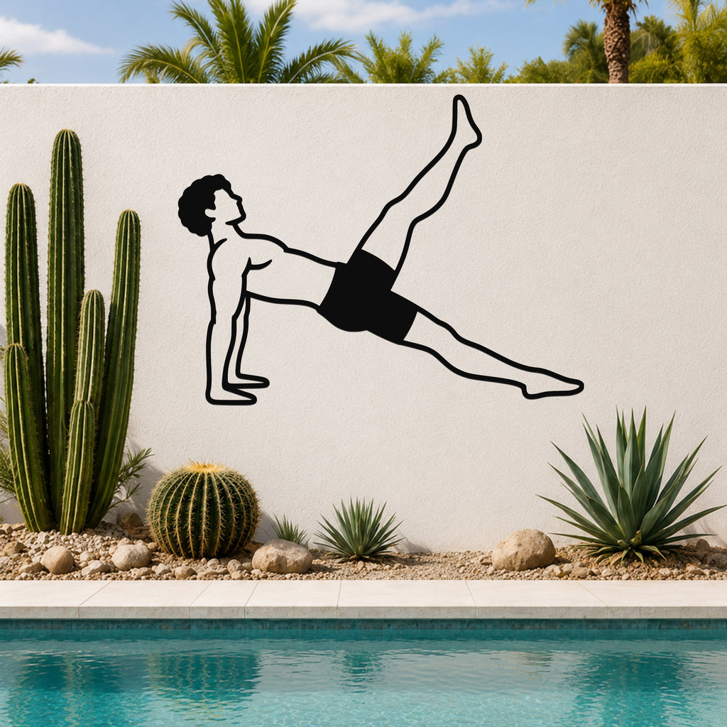 Male Classical Pilates Leg Pull Back waterproof steel metal wall art, mockup 3