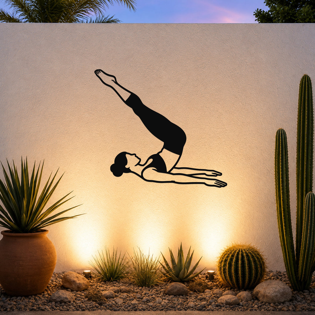 Female Classical Pilates Corkscrew waterproof steel metal wall art, mockup 3