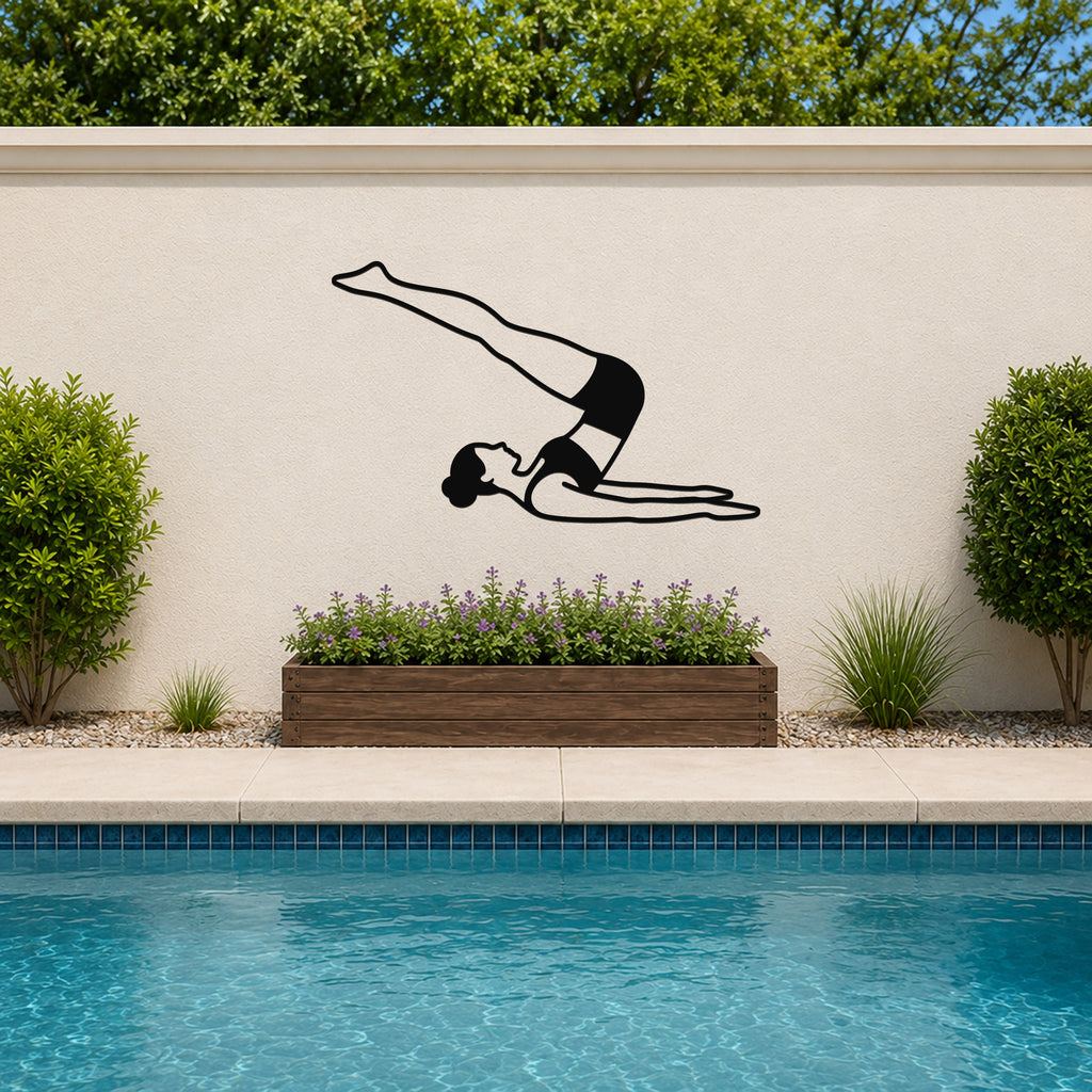 Female Classical Pilates Jack Knife waterproof steel metal wall art, mockup 3