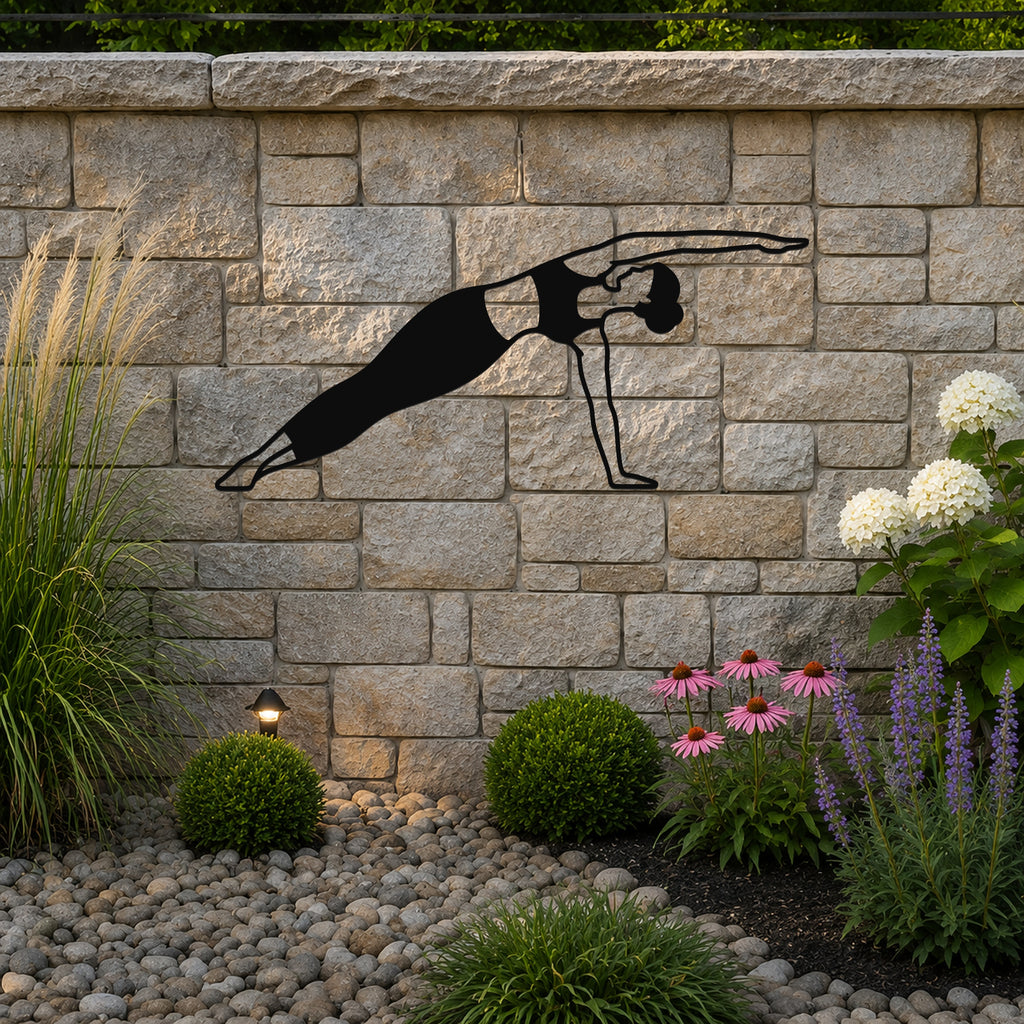 Female Classical Pilates Side Bend waterproof steel metal wall art, mockup 3