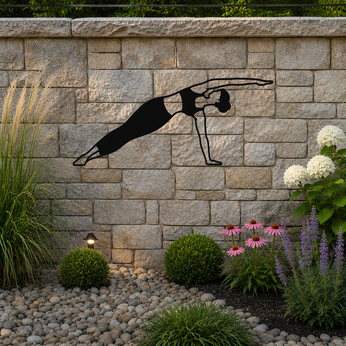 Female Classical Pilates Side Bend waterproof steel metal wall art, mockup 3