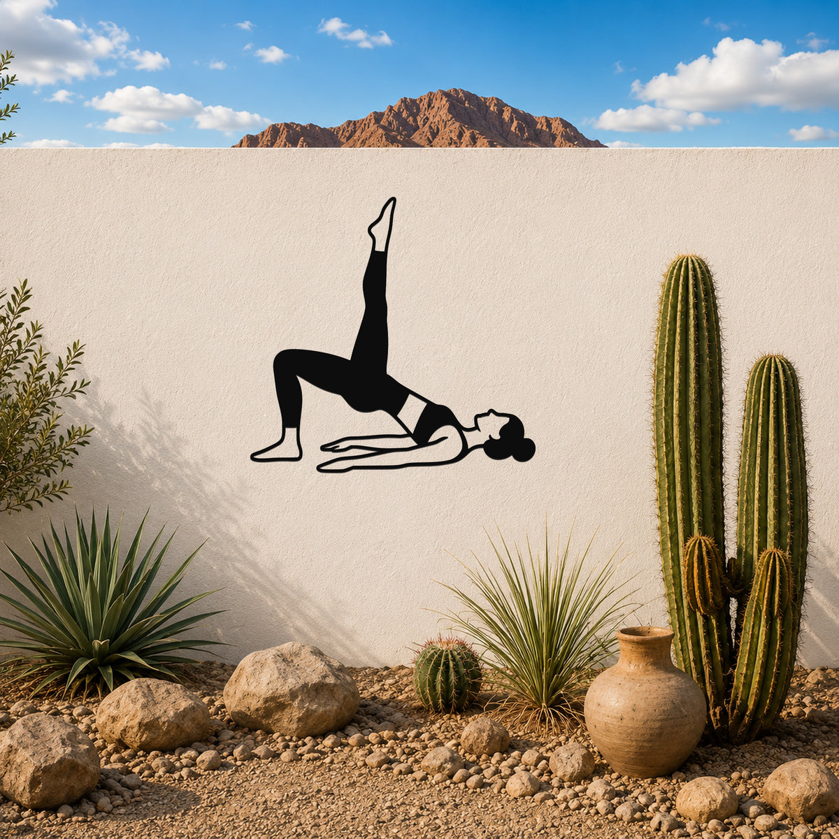Female Classical Pilates Shoulder Bridge waterproof steel metal wall art, mockup 3
