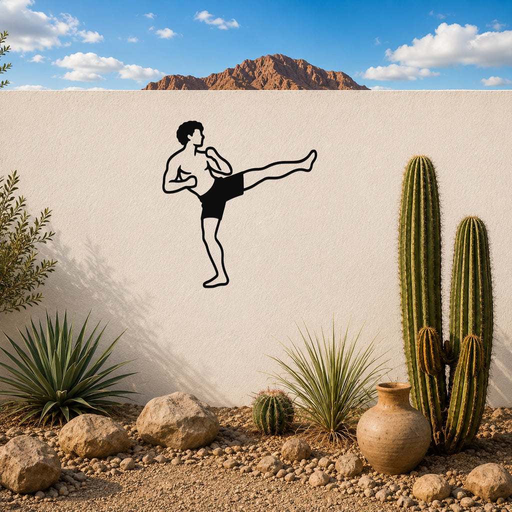 Male Karate Roundhouse Kick waterproof steel metal wall art, mockup 3