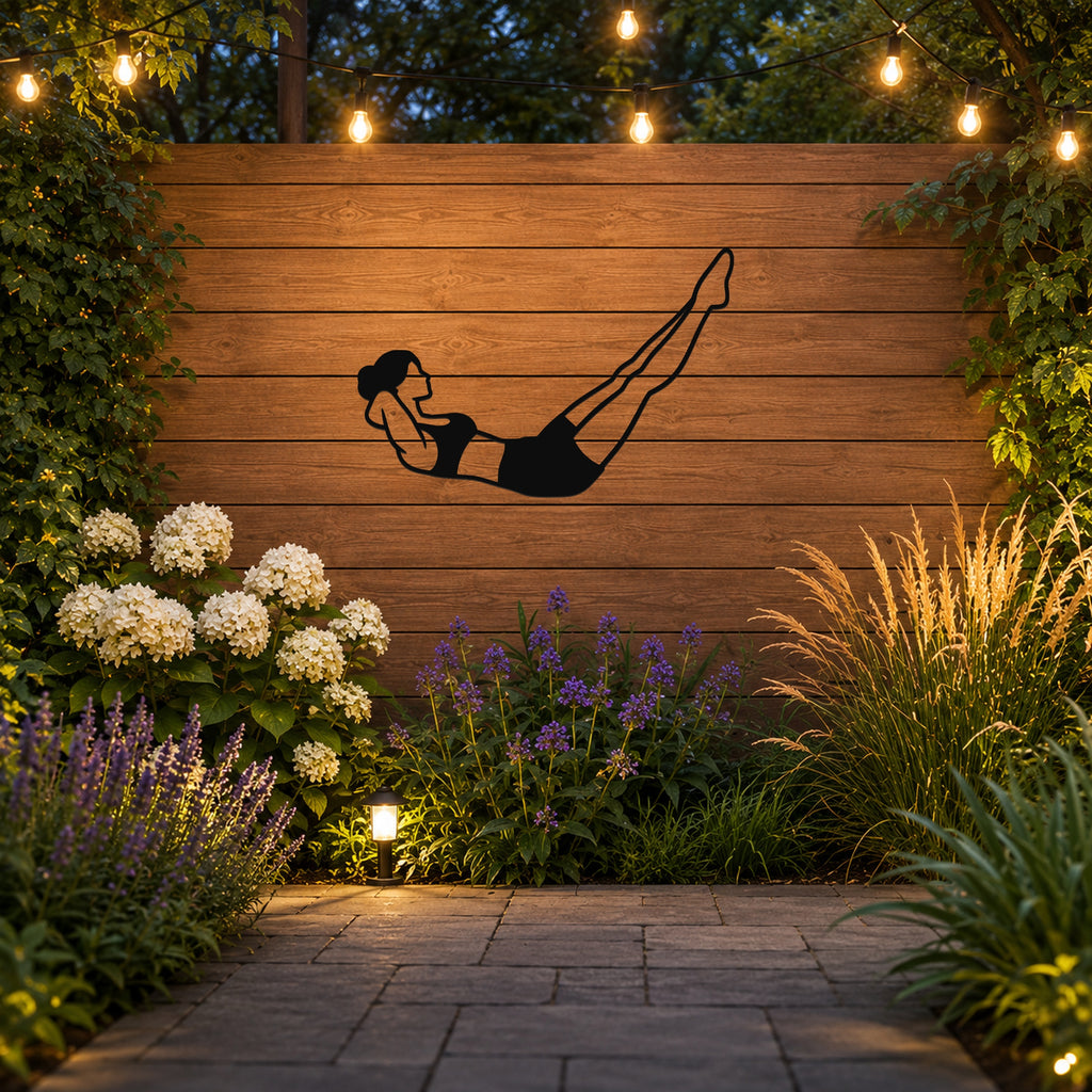 Female Classical Pilates Double Straight Leg waterproof steel metal wall art, mockup 3