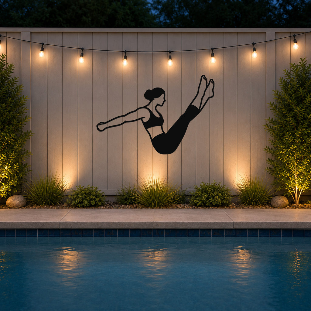 Female Classical Pilates Boomerang waterproof steel metal wall art, mockup 3