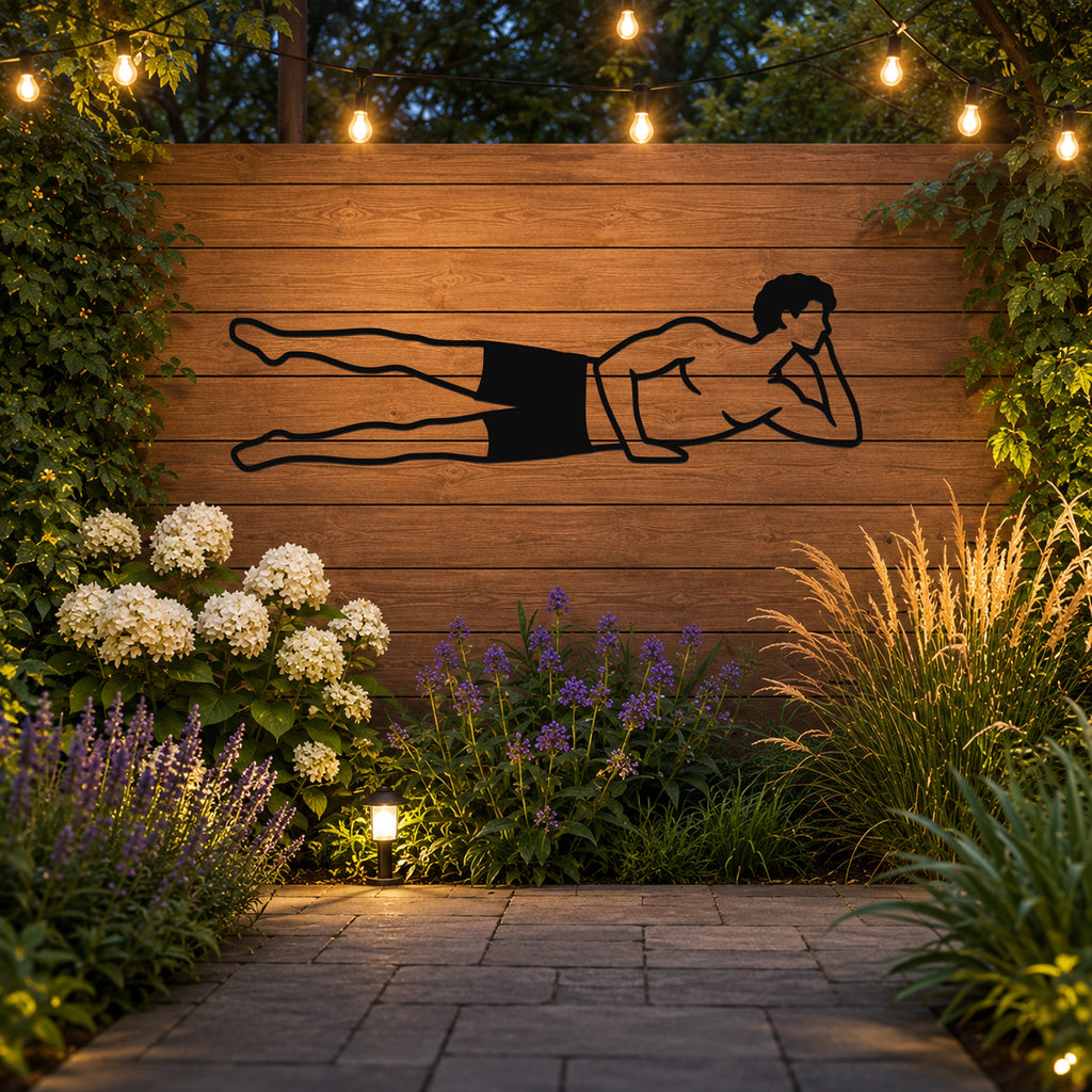 Male Classical Pilates Side Kick waterproof steel metal wall art, mockup 3