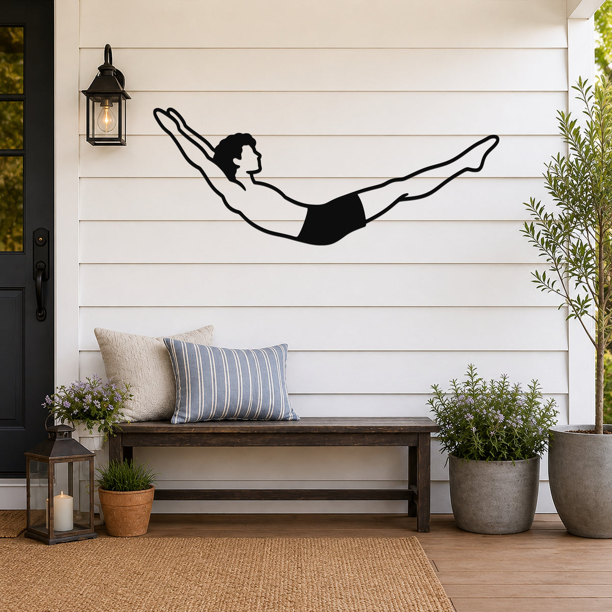 Male Classical Pilates Double Leg Stretch waterproof steel metal wall art, mockup 3