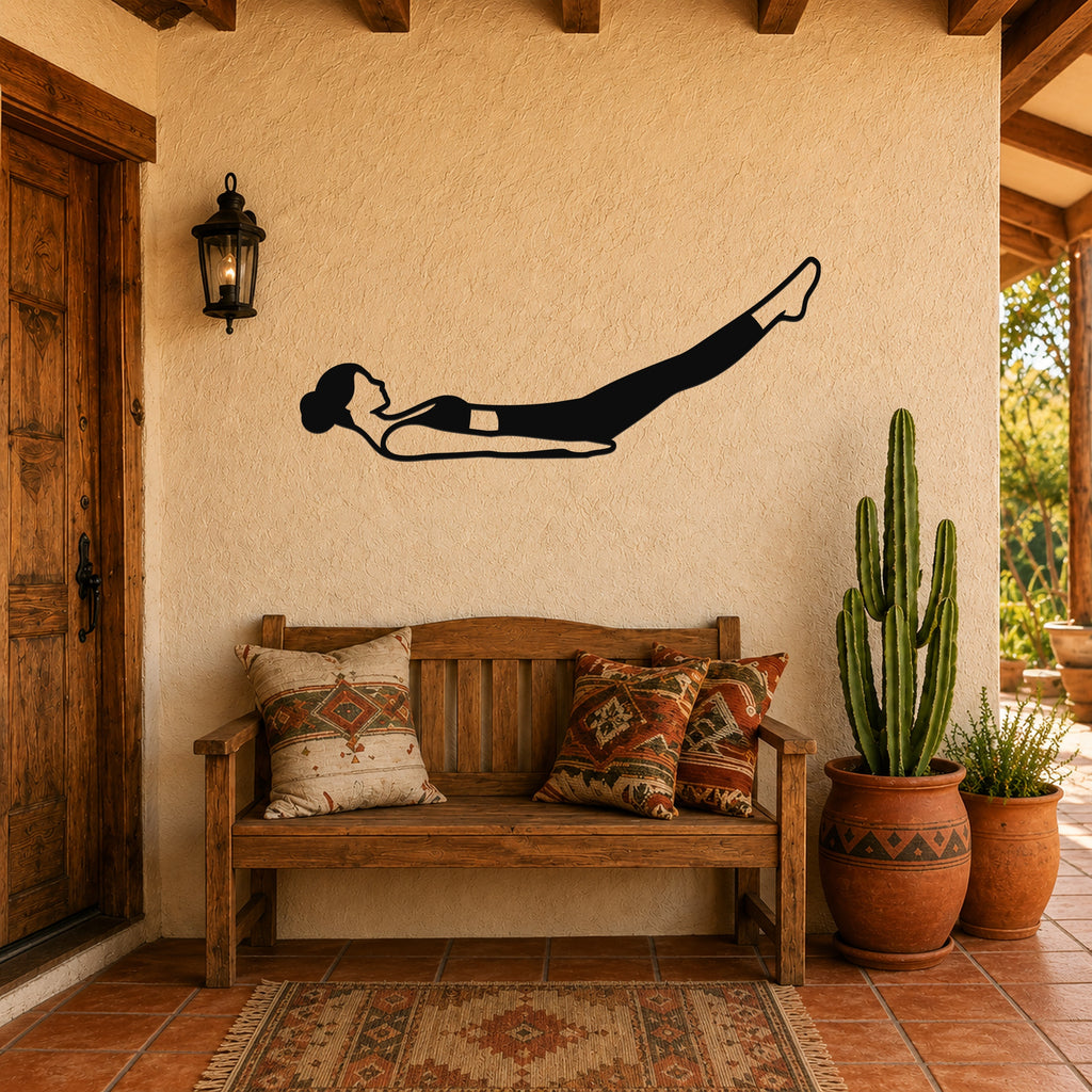 Female Classical Pilates Hundred waterproof steel metal wall art, mockup 3