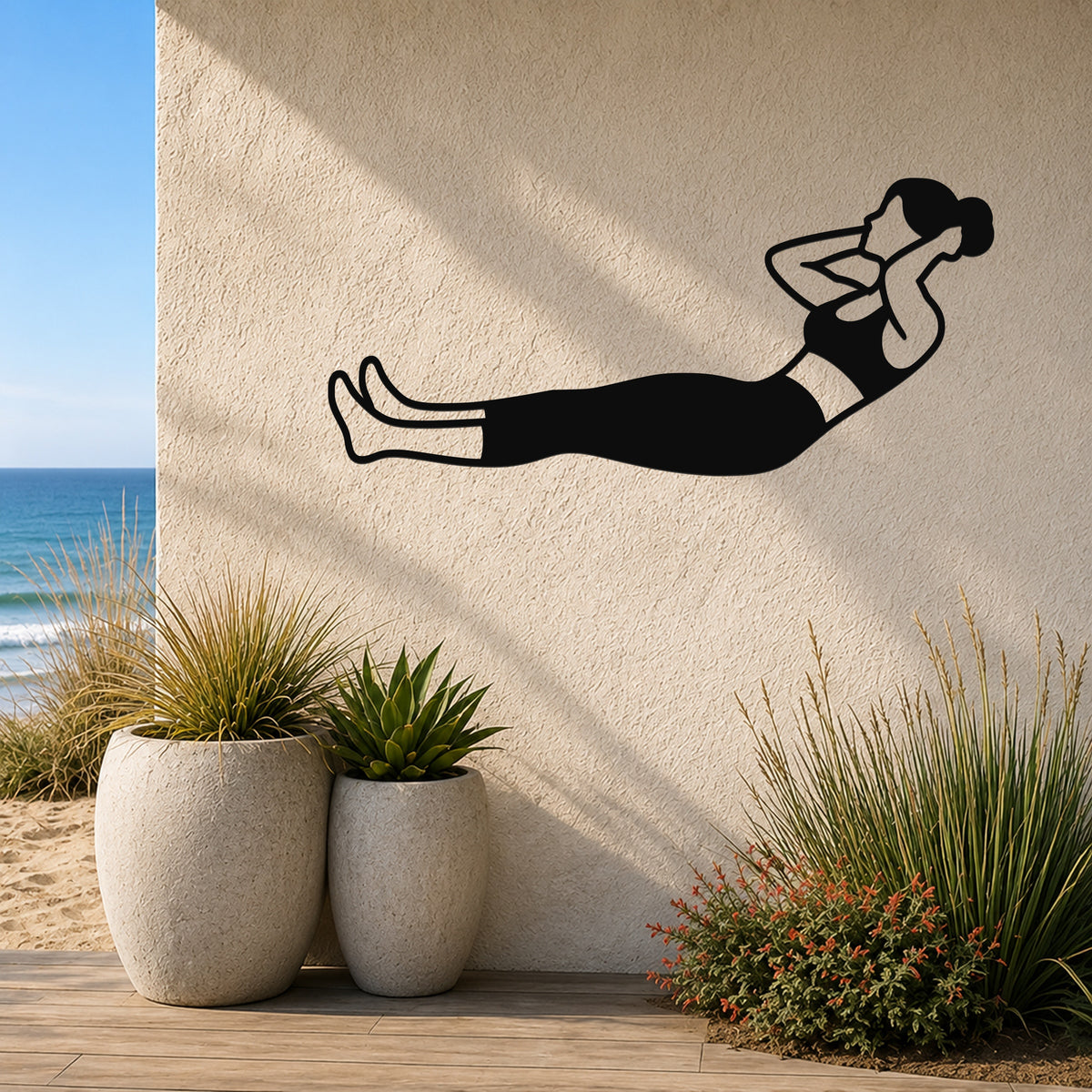Female Classical Pilates Neck Pull waterproof steel metal wall art, mockup 3