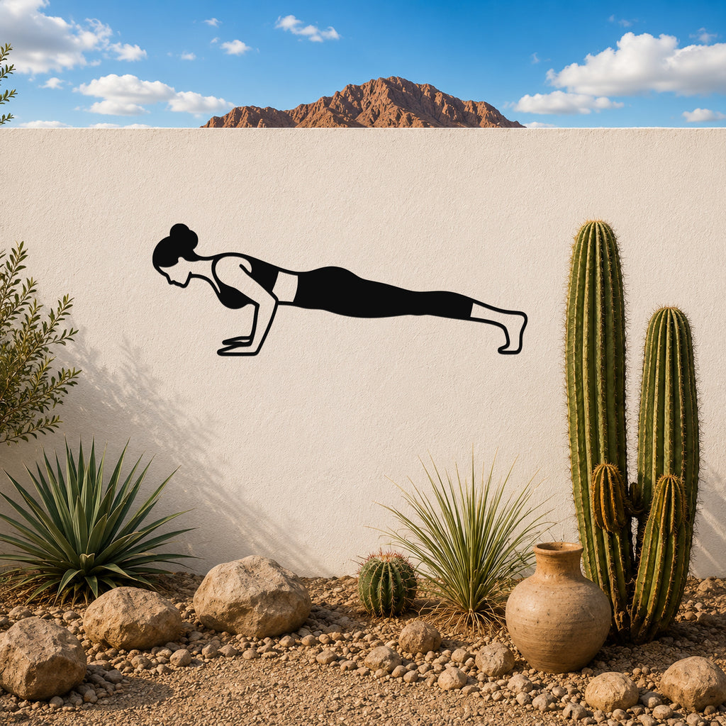 Female Classical Pilates Push Up waterproof steel metal wall art, mockup 3