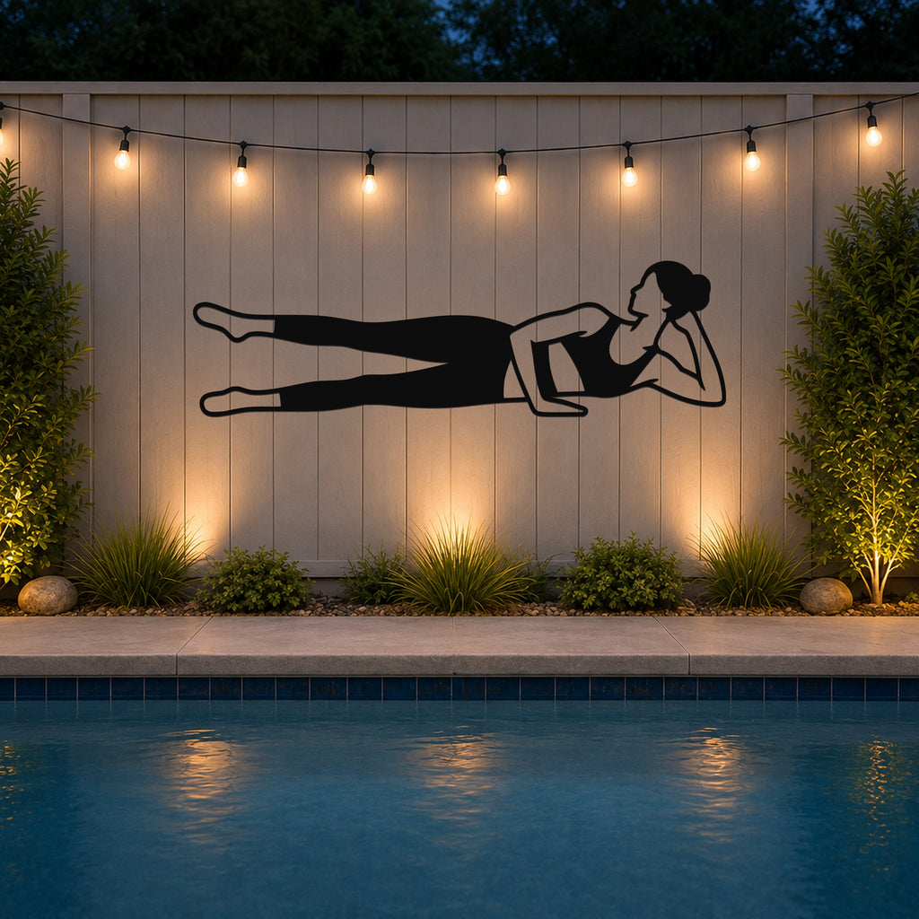 Female Classical Pilates Side Kick waterproof steel metal wall art, mockup 3
