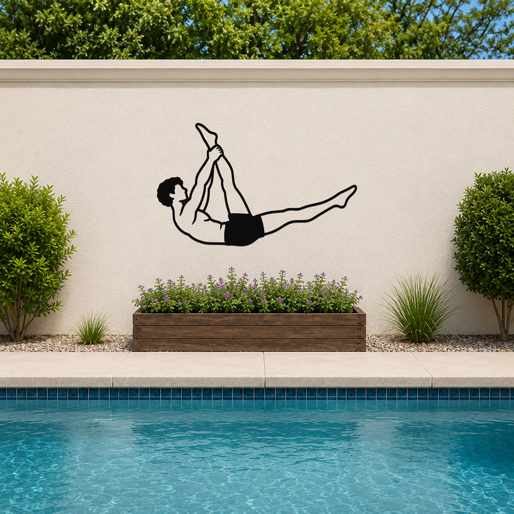 Male Classical Pilates Single Straight Leg waterproof steel metal wall art, mockup 3