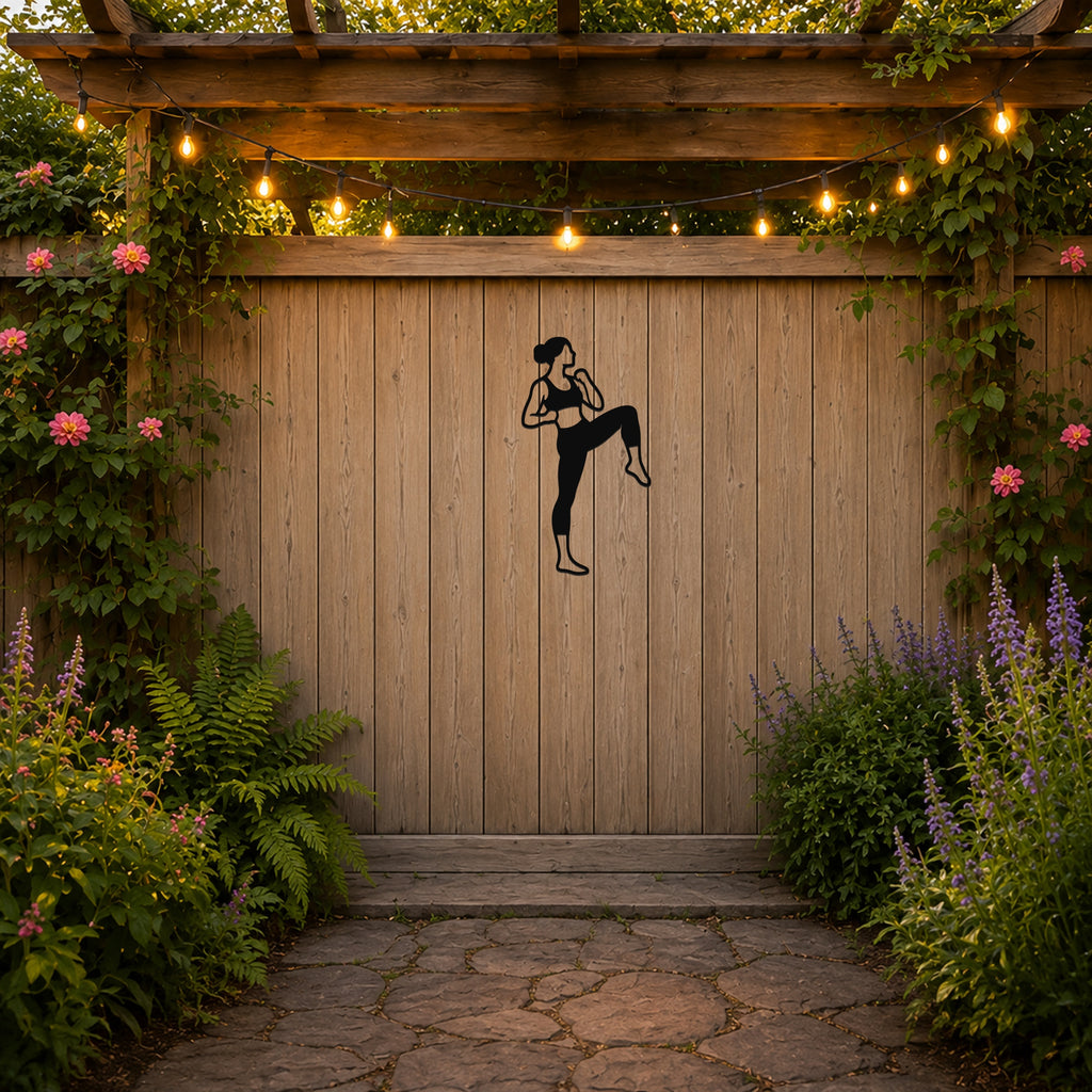 Female Karate Knee Strike waterproof steel metal wall art, mockup 3