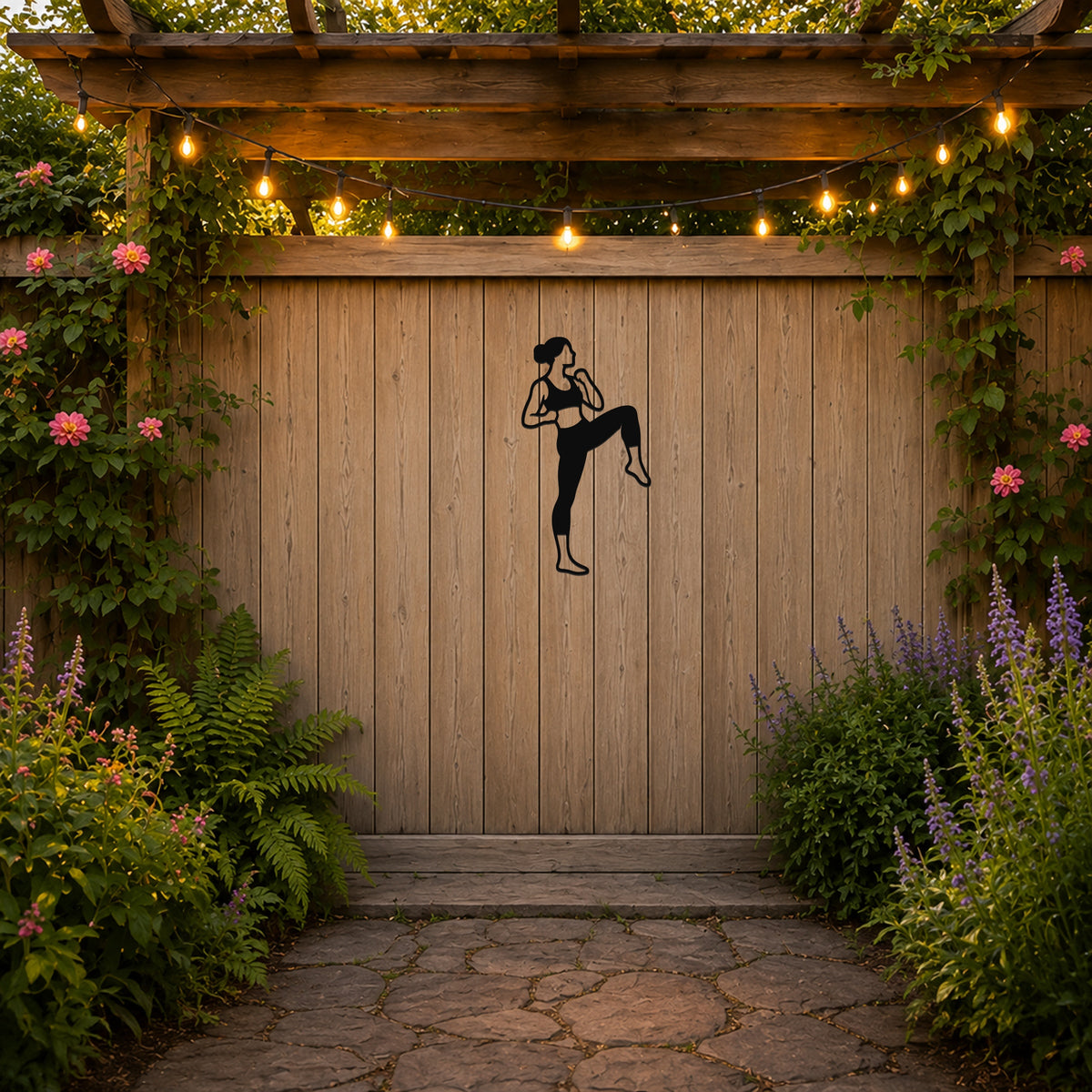 Female Karate Knee Strike waterproof steel metal wall art, mockup 3