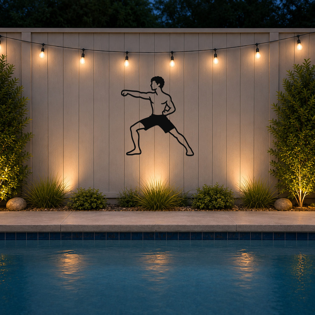 Male Karate Horse Stance Punch waterproof steel metal wall art, mockup 3