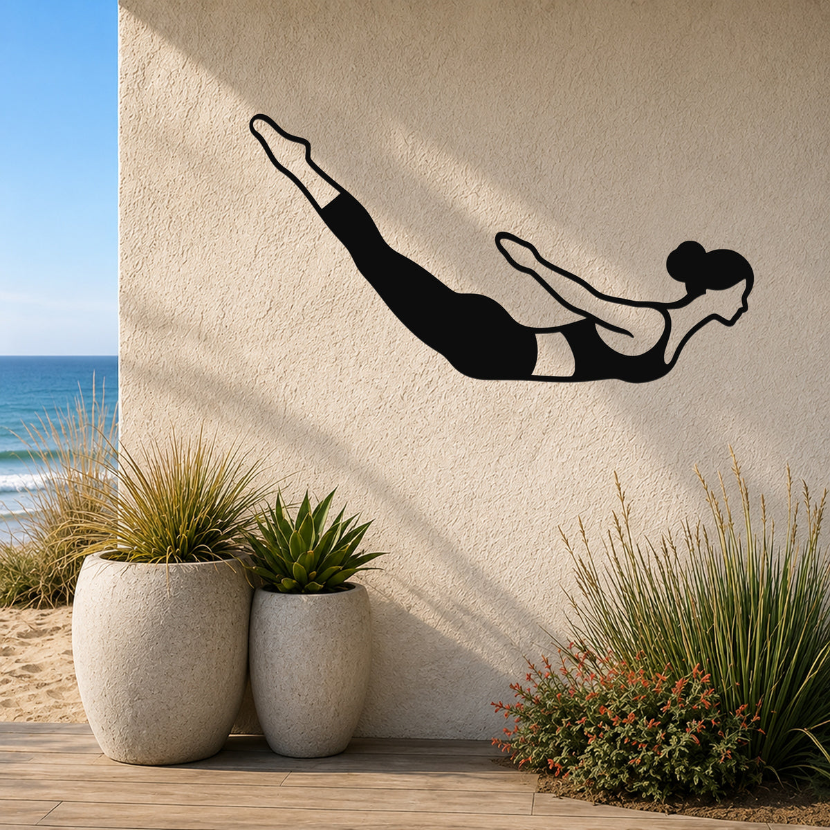 Female Classical Pilates Swan Dive waterproof steel metal wall art, mockup 3