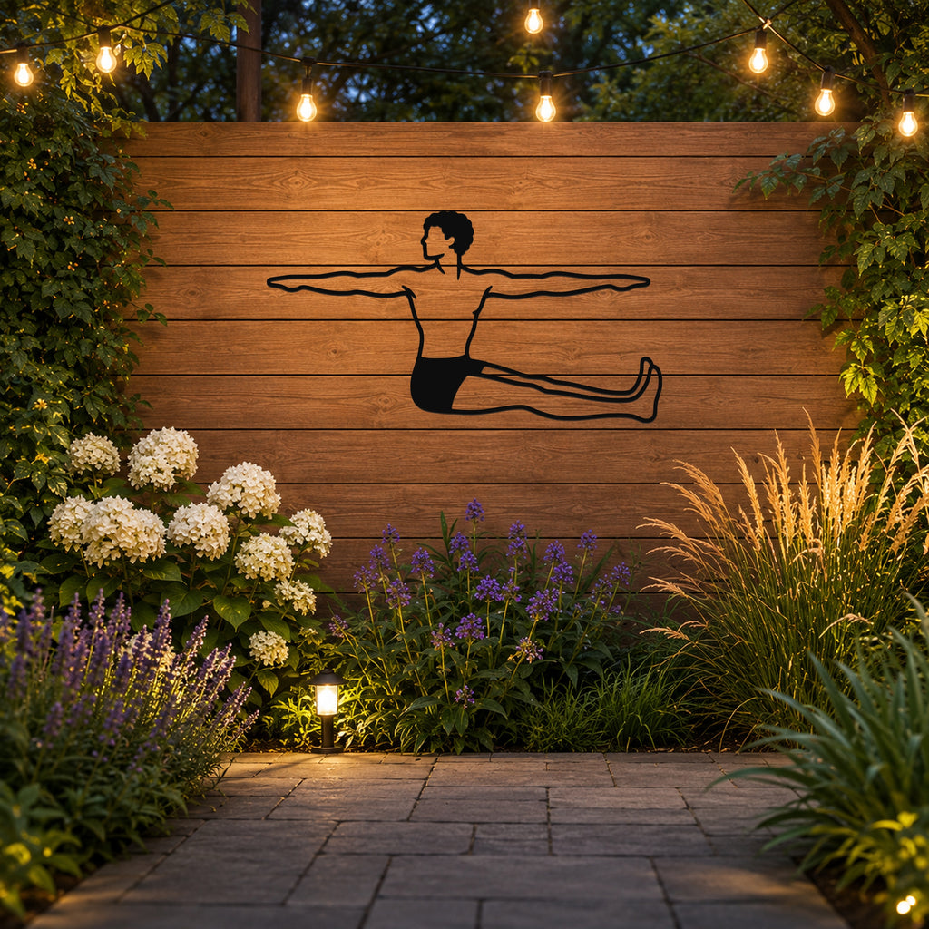 Male Classical Pilates Spine Twist waterproof steel metal wall art, mockup 3
