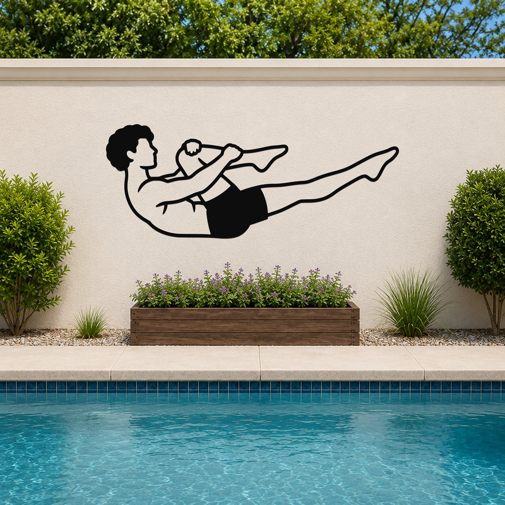 Male Classical Pilates Single Leg Stretch waterproof steel metal wall art, mockup 3