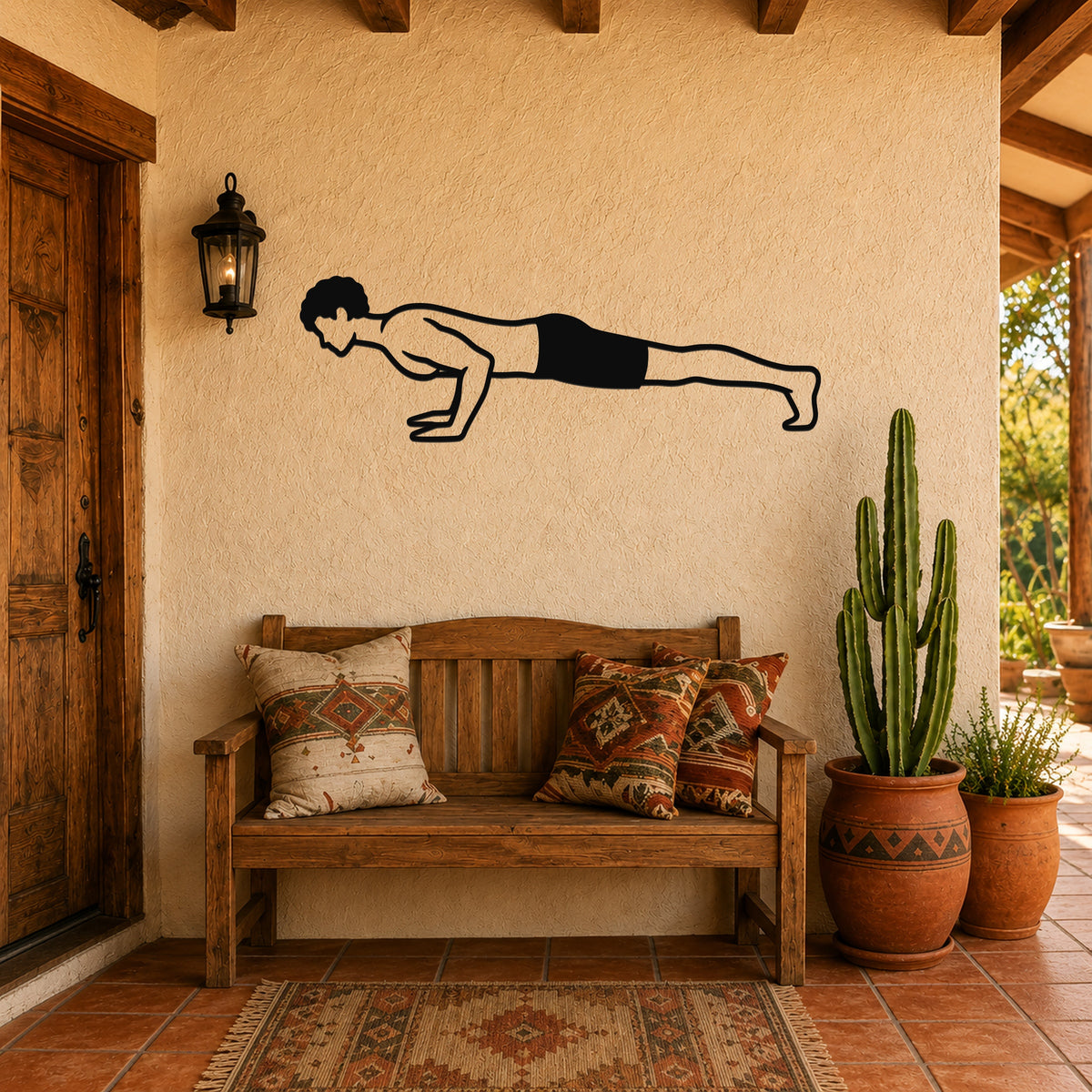 Male Classical Pilates Push Up waterproof steel metal wall art, mockup 3