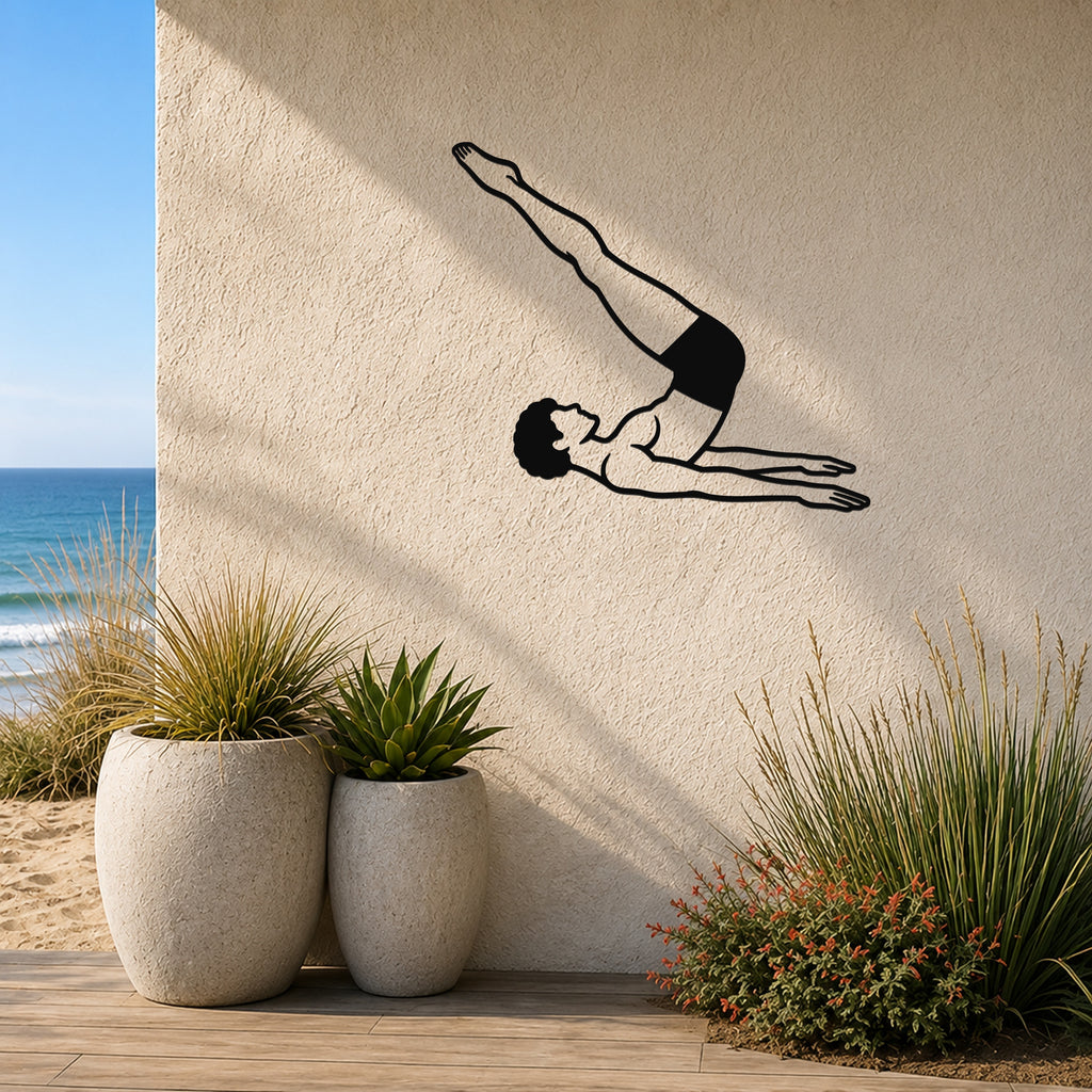 Male Classical Pilates Corkscrew waterproof steel metal wall art, mockup 3