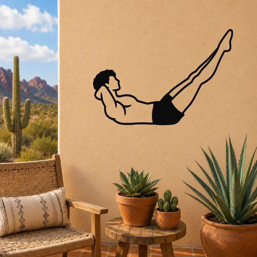 Male Classical Pilates Double Straight Leg waterproof steel metal wall art, mockup 3