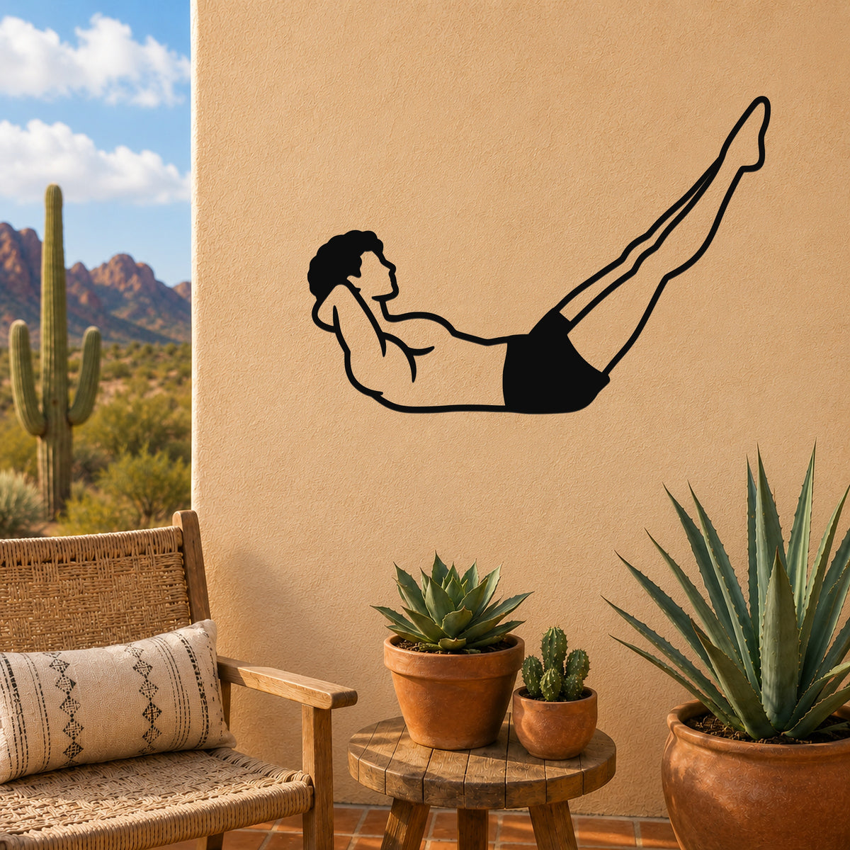 Male Classical Pilates Double Straight Leg waterproof steel metal wall art, mockup 3
