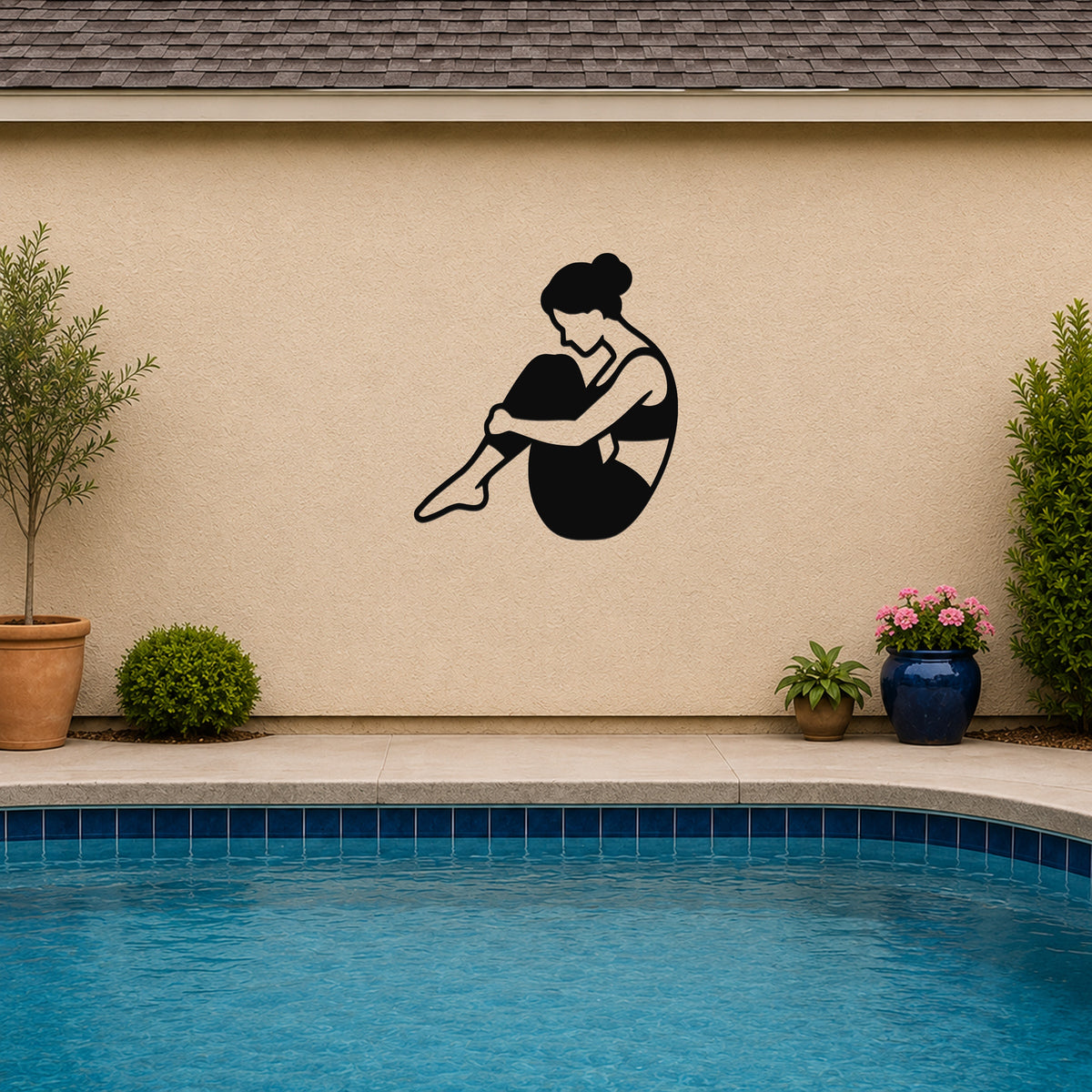 Female Classical Pilates Rolling Like a Ball waterproof steel metal wall art, mockup 3