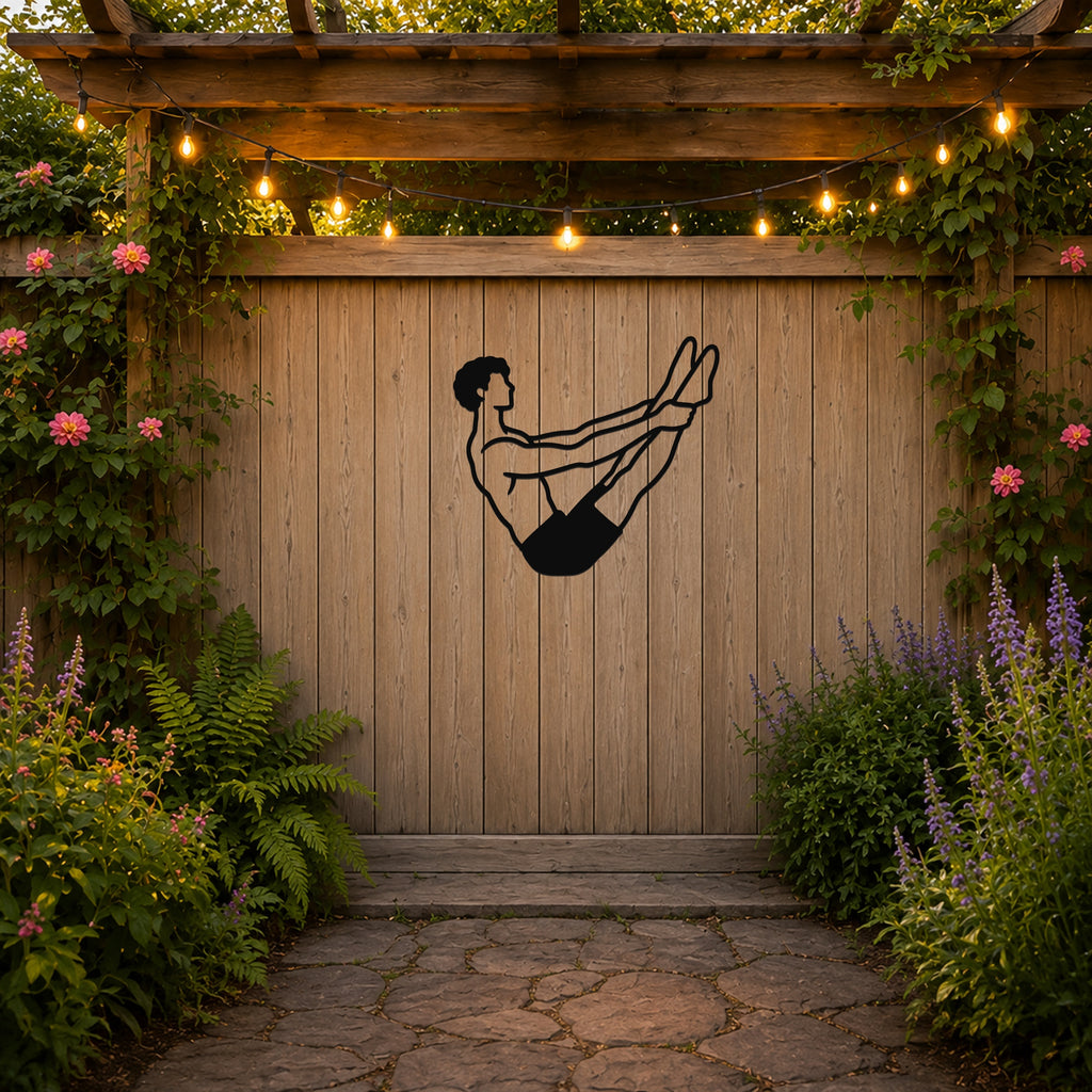 Male Classical Pilates Open Leg Rocker waterproof steel metal wall art, mockup 3