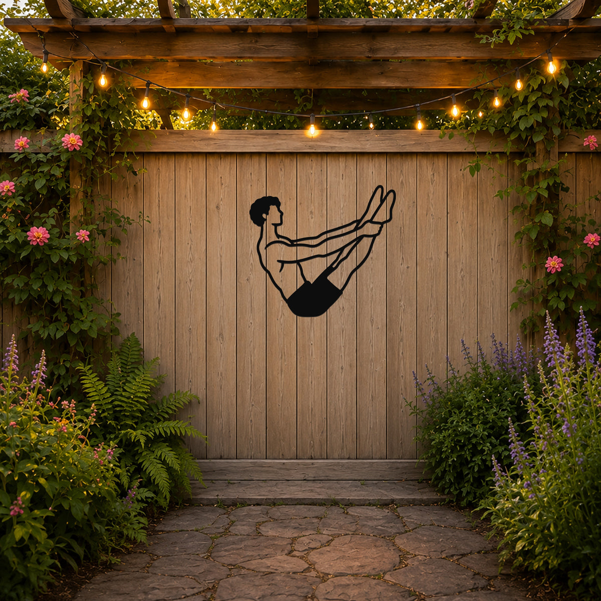 Male Classical Pilates Open Leg Rocker waterproof steel metal wall art, mockup 3