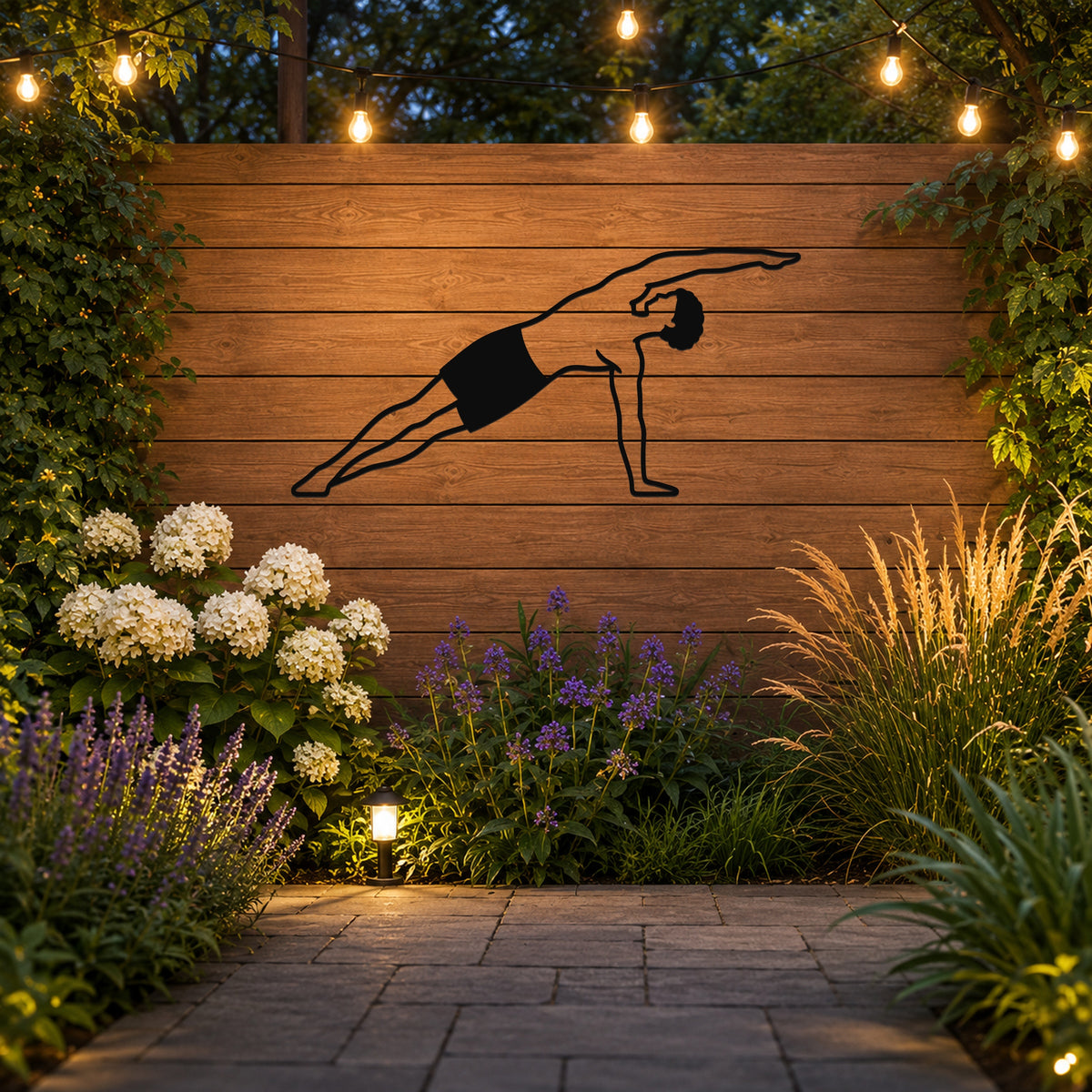 Male Classical Pilates Side Bend waterproof steel metal wall art, mockup 3