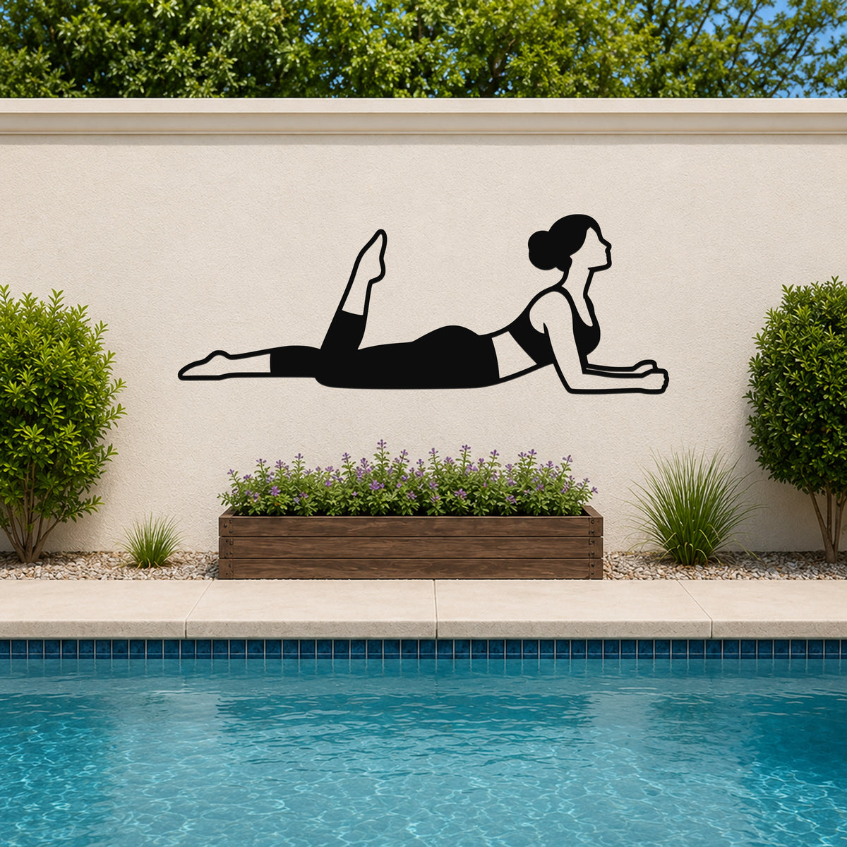Female Classical Pilates One Leg Kick waterproof steel metal wall art, mockup 3