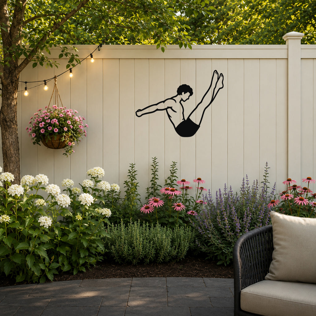 Male Classical Pilates Boomerang waterproof steel metal wall art, mockup 3