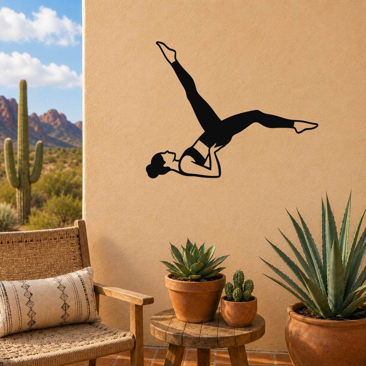 Female Classical Pilates Bicycle waterproof steel metal wall art, mockup 3
