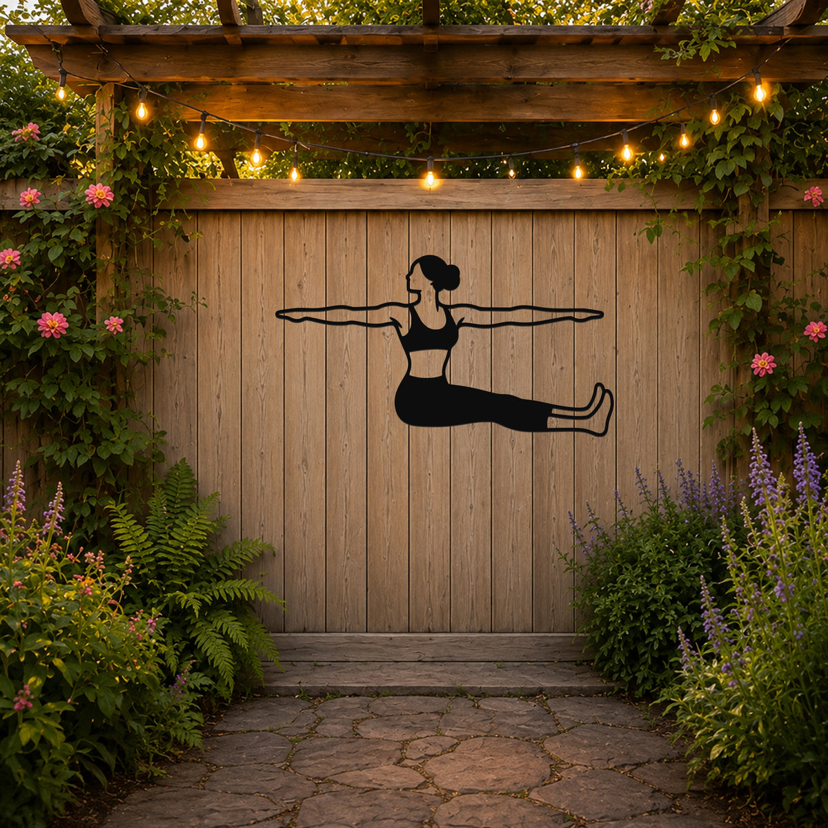 Female Classical Pilates Spine Twist waterproof steel metal wall art, mockup 3