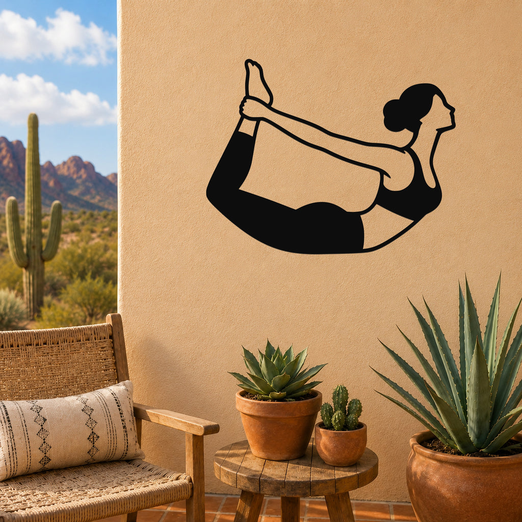 Female Classical Pilates Rocking waterproof steel metal wall art, mockup 3