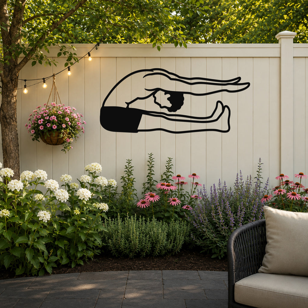 Male Classical Pilates Spine Stretch waterproof steel metal wall art, mockup 3