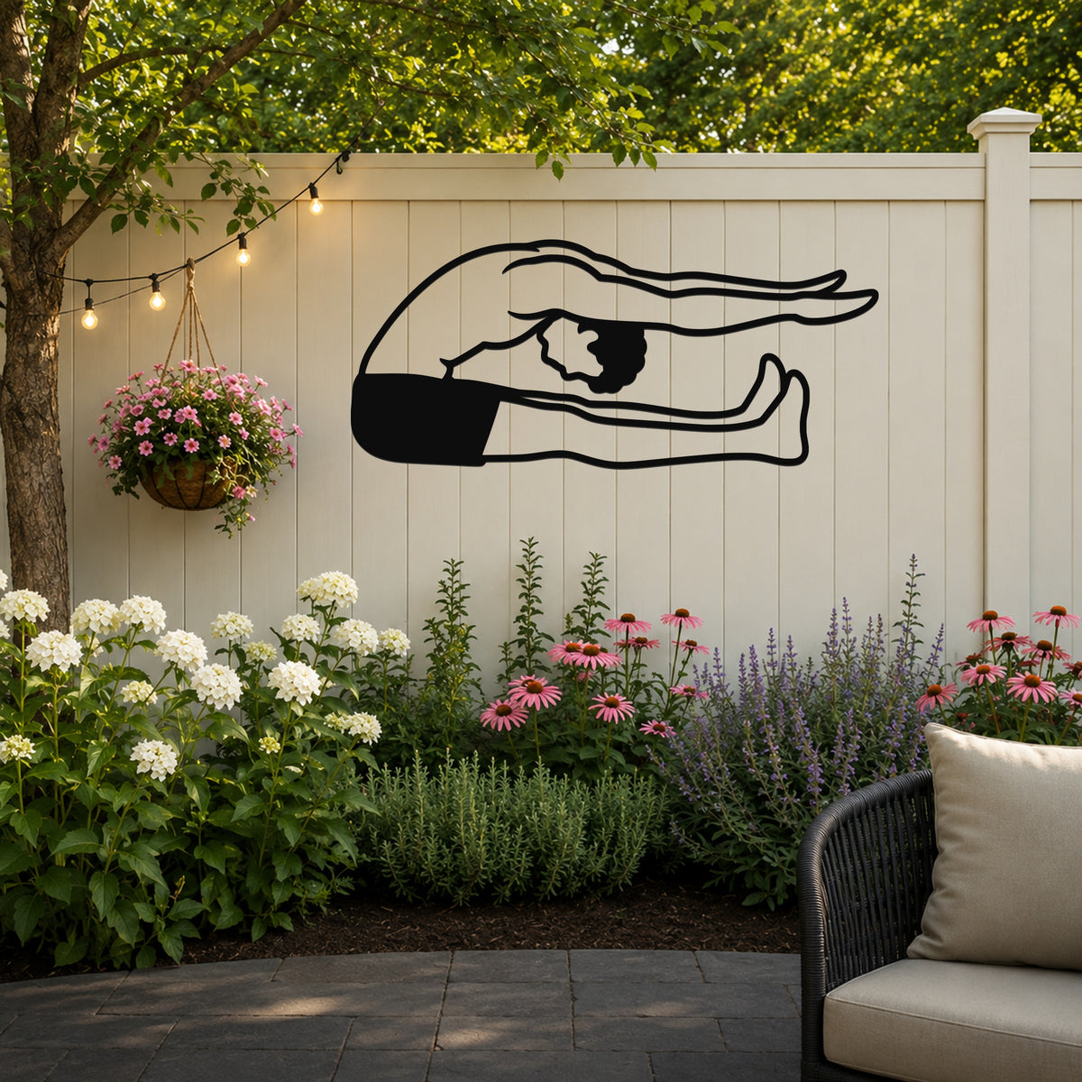 Male Classical Pilates Spine Stretch waterproof steel metal wall art, mockup 3