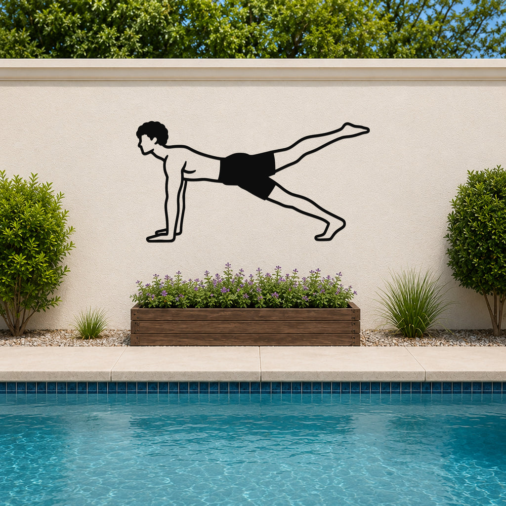 Male Classical Pilates Leg Pull Front waterproof steel metal wall art, mockup 3
