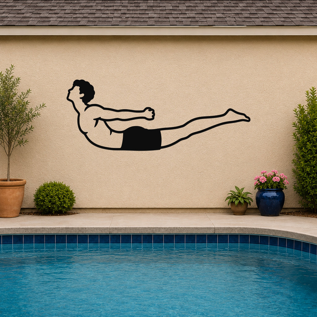 Male Classical Pilates Double Leg Kick waterproof steel metal wall art, mockup 3