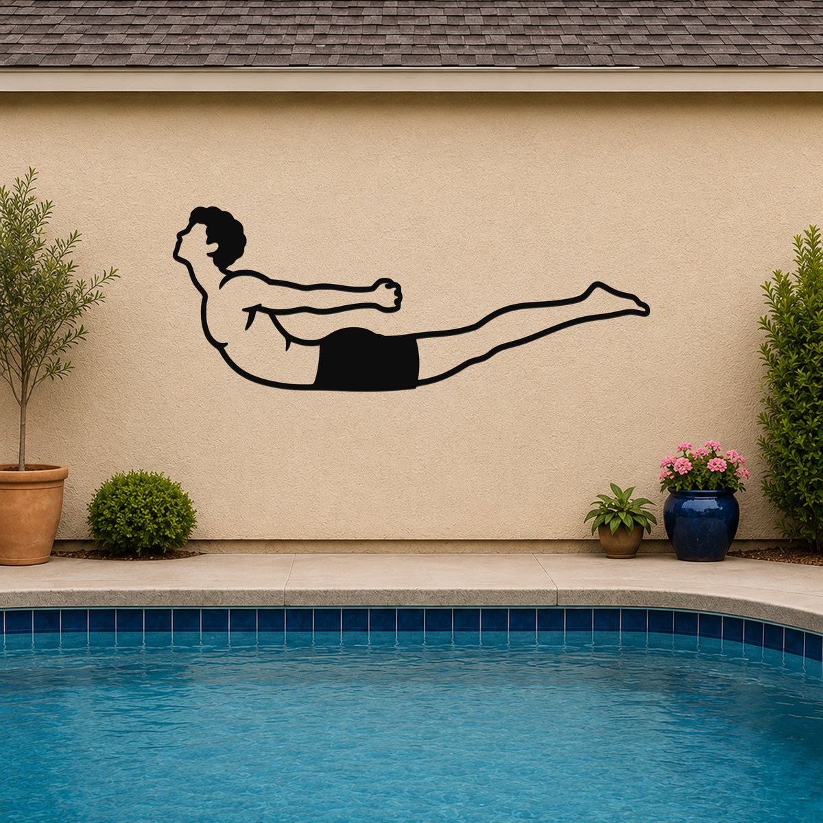 Male Classical Pilates Double Leg Kick waterproof steel metal wall art, mockup 3
