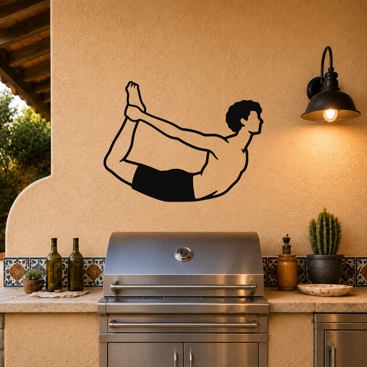Male Classical Pilates Rocking waterproof steel metal wall art, mockup 3