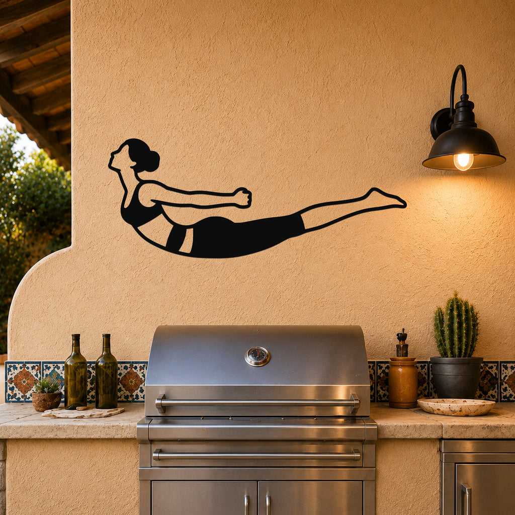 Female Classical Pilates Double Leg Kick waterproof steel metal wall art, mockup 3