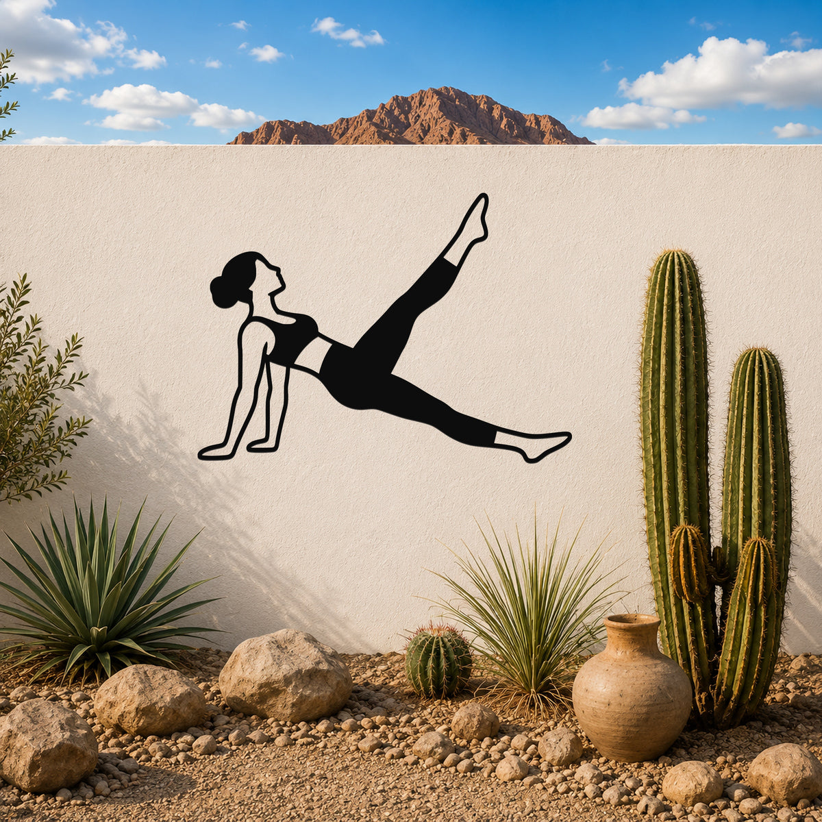 Female Classical Pilates Leg Pull Back waterproof steel metal wall art, mockup 3