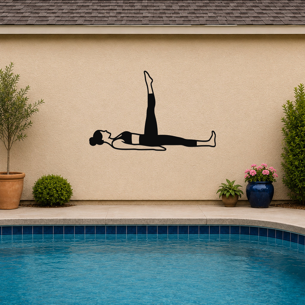 Female Classical Pilates One Leg Circle waterproof steel metal wall art, mockup 3