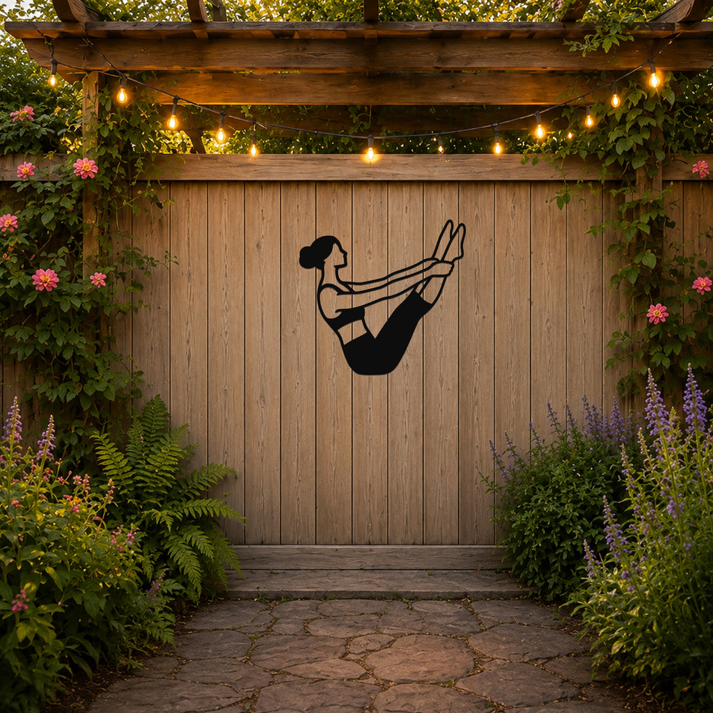 Female Classical Pilates Open Leg Rocker waterproof steel metal wall art, mockup 3