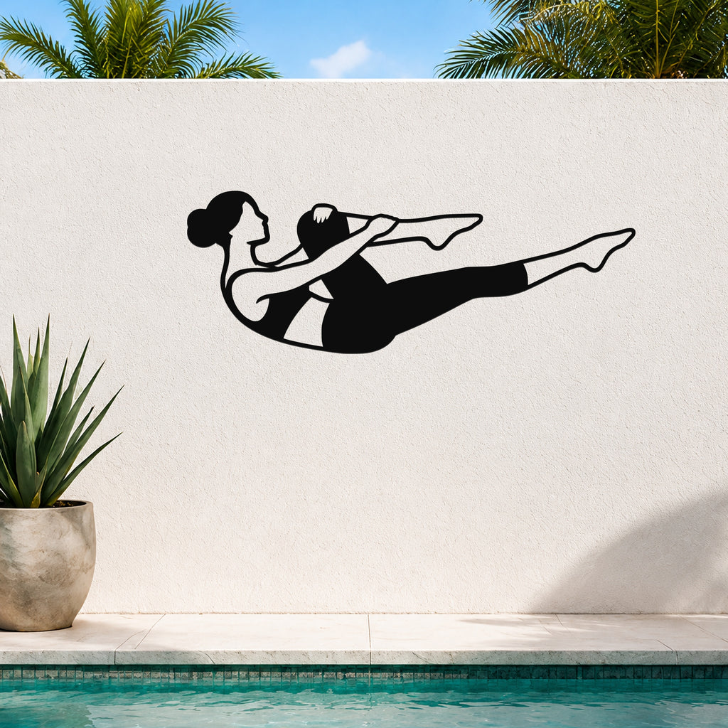Female Classical Pilates Single Leg Stretch waterproof steel metal wall art, mockup 3