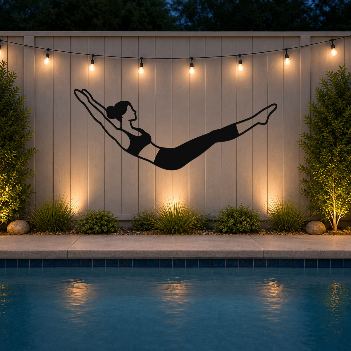 Female Classical Pilates Double Leg Stretch waterproof steel metal wall art, mockup 3
