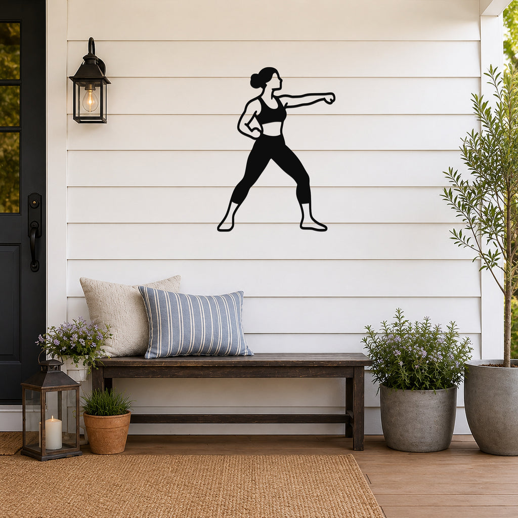 Female Karate Double Punch waterproof steel metal wall art, mockup 3